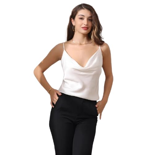 URGE Women’s Premium Off-White Silk Camisole Top – Elegant Cowl Neck Satin Sleeveless Blouse with Adjustable Straps, Perfect for Layering, Casual, Office