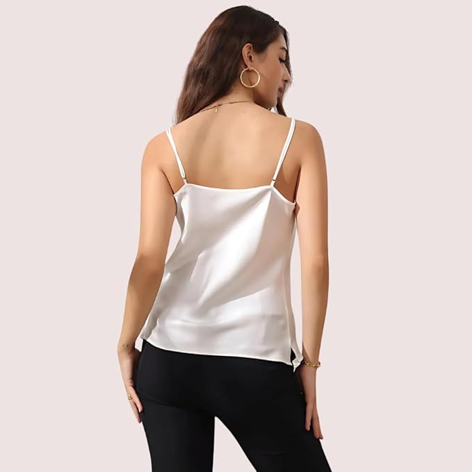 URGE Women’s Premium Off-White Silk Camisole Top – Elegant Cowl Neck Satin Sleeveless Blouse with Adjustable Straps, Perfect for Layering, Casual, Office